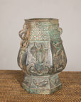 Vintage East Asian Hexagonal Bronze Vase with Koi Relief, top detail