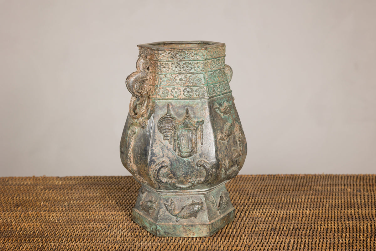 Vintage East Asian Hexagonal Bronze Vase with Koi Relief, additional gallery view 11