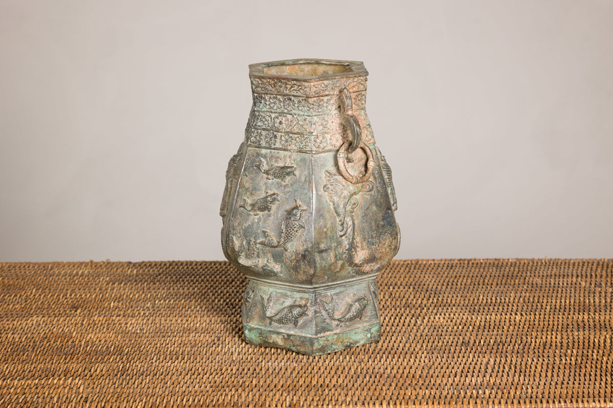 Vintage East Asian Hexagonal Bronze Vase with Koi Relief, additional gallery view 12
