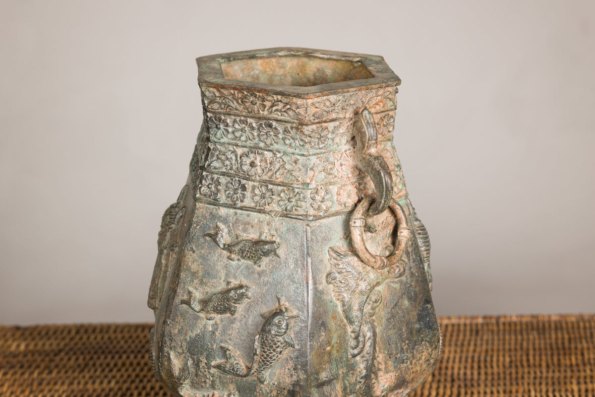 Vintage East Asian Hexagonal Bronze Vase with Koi Relief, additional gallery view 13