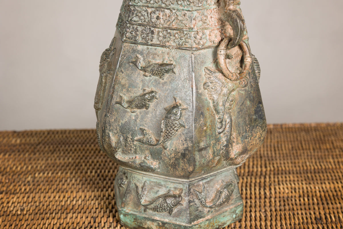 Vintage East Asian Hexagonal Bronze Vase with Koi Relief, additional gallery view 14