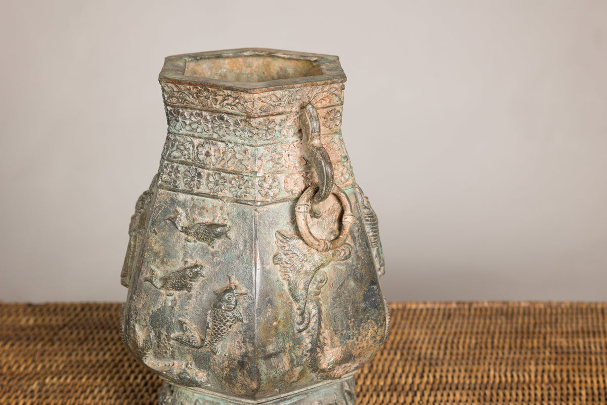 Vintage East Asian Hexagonal Bronze Vase with Koi Relief, additional gallery view 15
