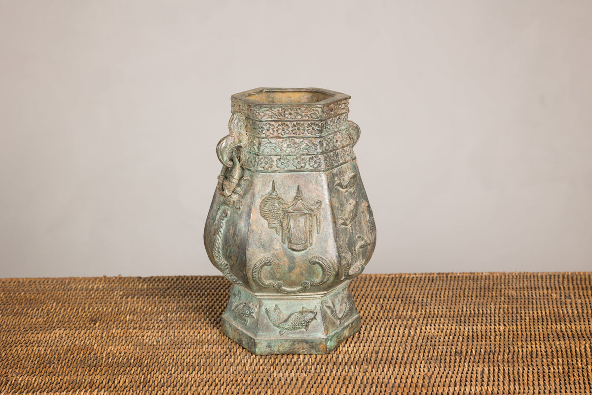 Vintage East Asian Hexagonal Bronze Vase with Koi Relief, additional gallery view 16