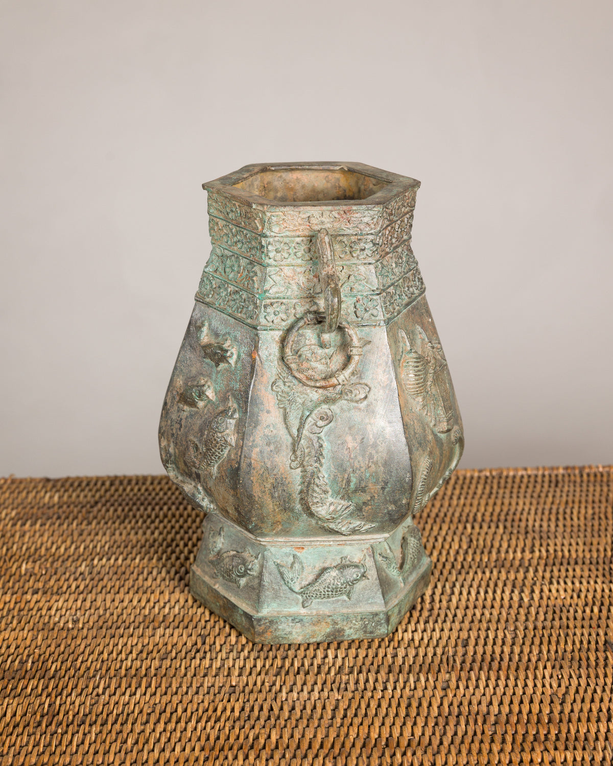 Vintage East Asian Hexagonal Bronze Vase with Koi Relief, additional gallery view 17