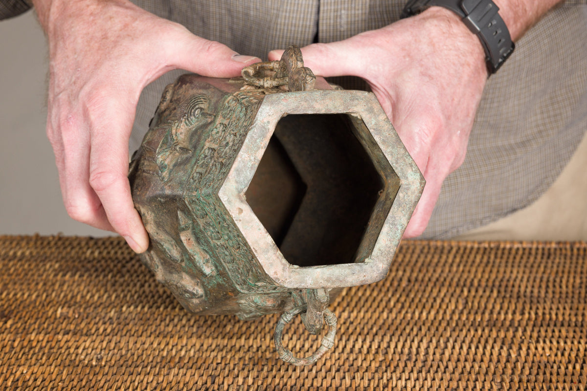 Vintage East Asian Hexagonal Bronze Vase with Koi Relief, additional gallery view 18
