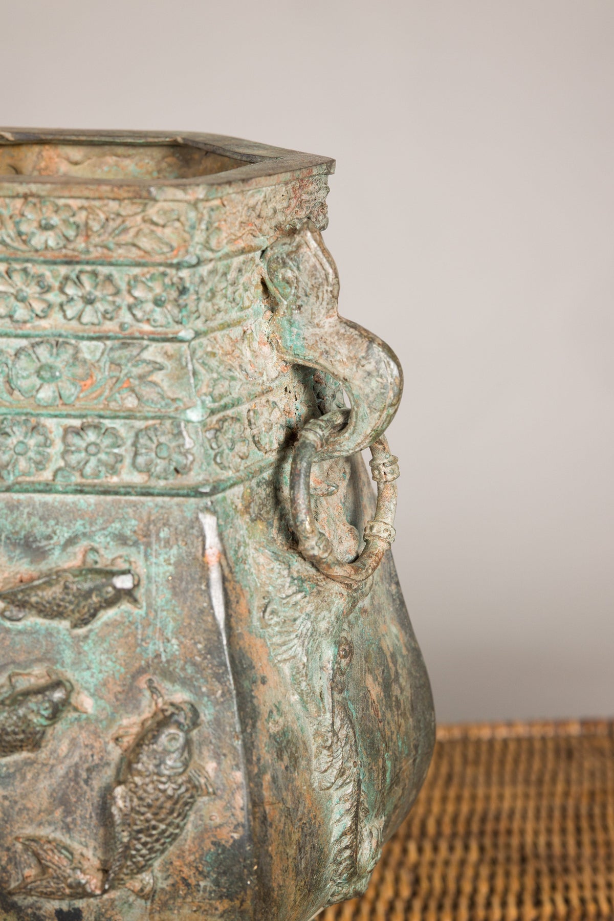 Vintage East Asian Hexagonal Bronze Vase with Koi Relief, additional gallery view 19
