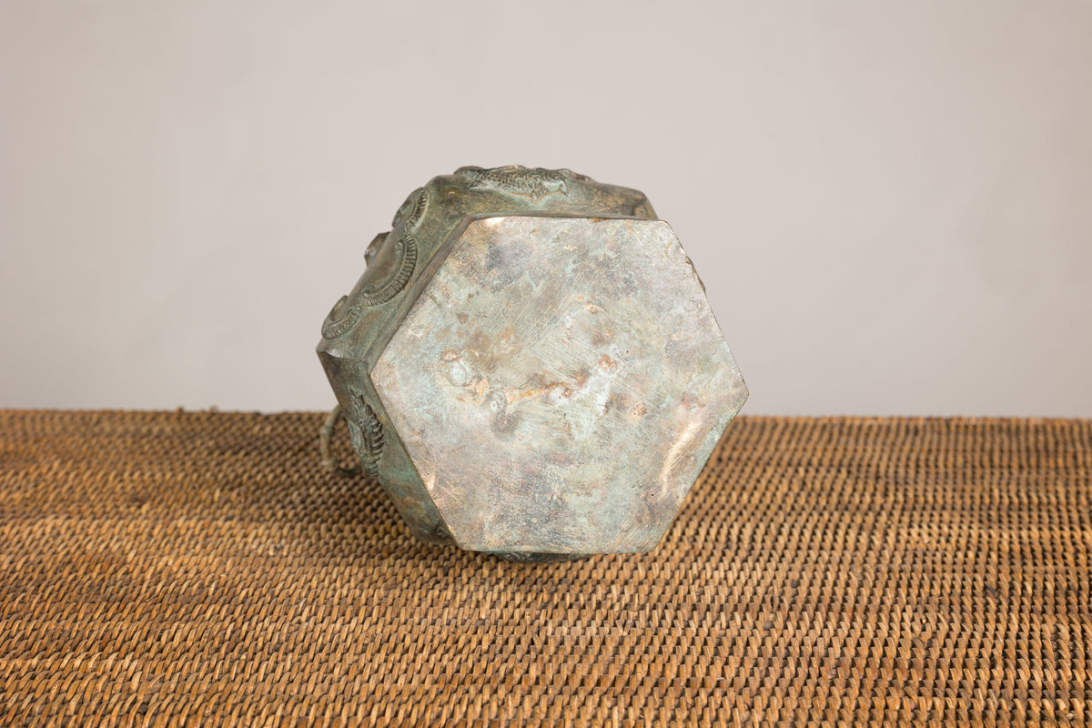 Vintage East Asian Hexagonal Bronze Vase with Koi Relief, additional gallery view 20