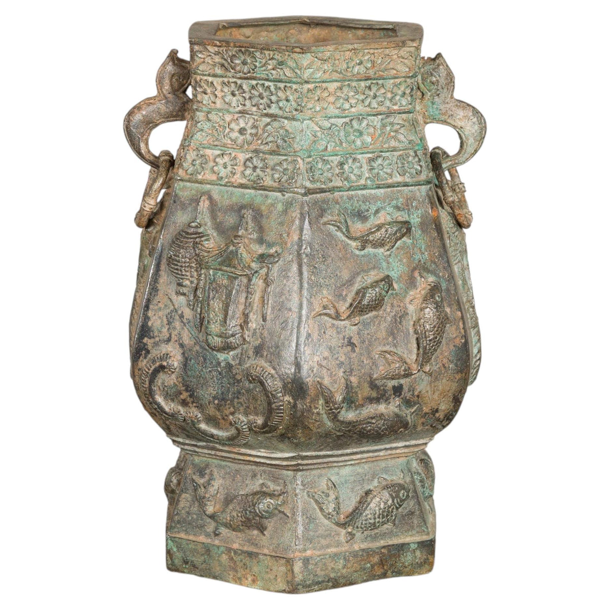 Vintage East Asian Hexagonal Bronze Vase with Koi Relief, full object on a white background