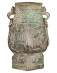 Vintage East Asian Hexagonal Bronze Vase with Koi Relief, full object on a white background