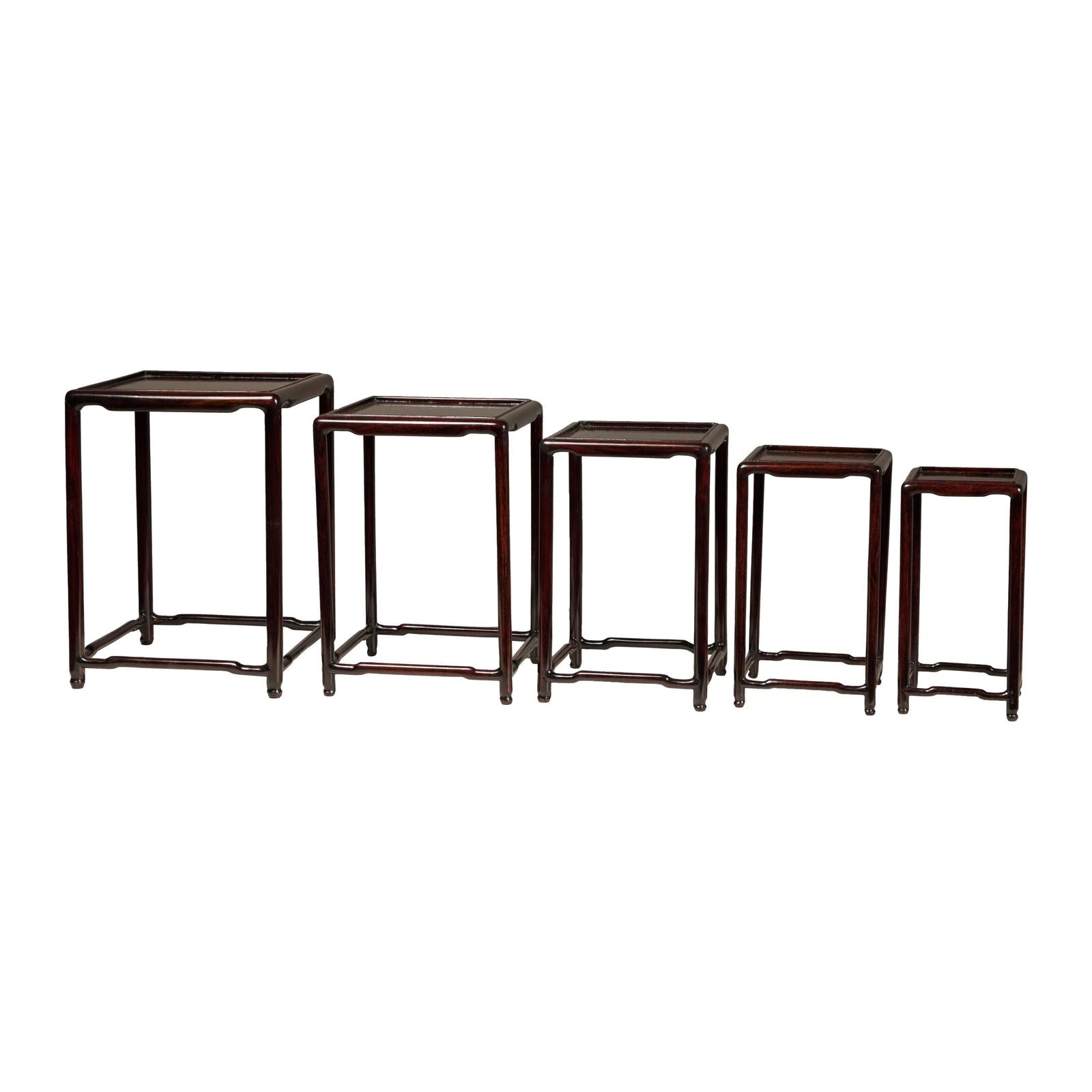 Set of Five Small Size Dark Rosewood Nesting Tables with Humpback Stretchers