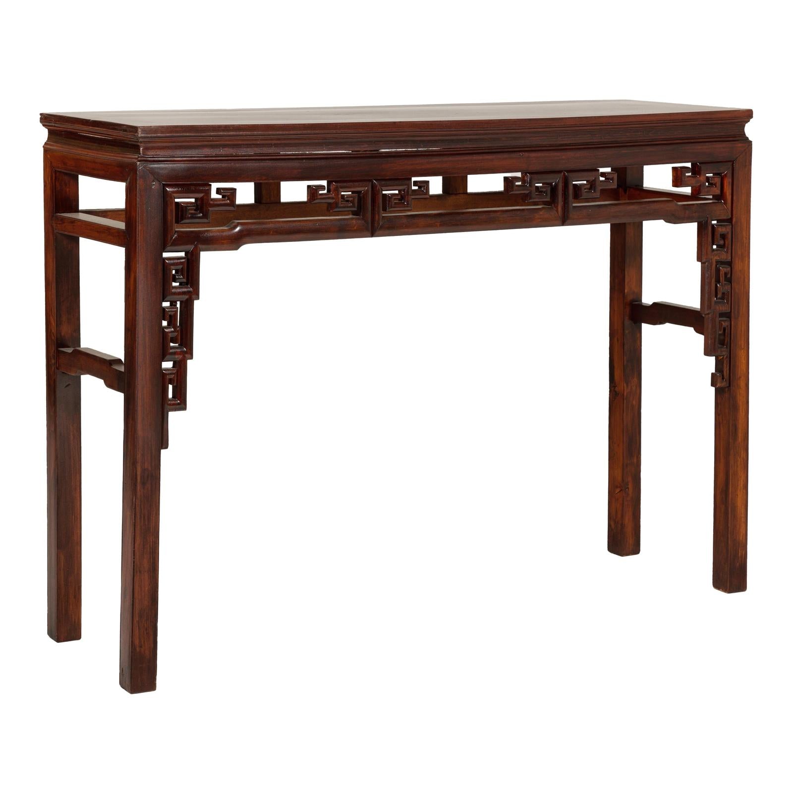 Tall Altar Console Table with Meander Carved Apron and Humpback Stretchers