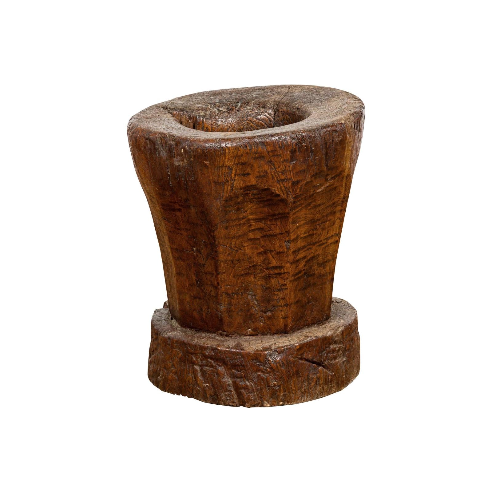 Teak Wood Rustic Mortar Urn Repurposed as an Antique Planter, 19th Century