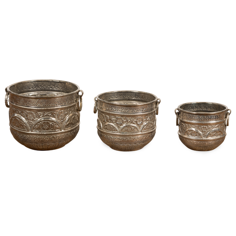 Set of Three Silver Nested Brass Planters-YN7898-1. Asian & Chinese Furniture, Art, Antiques, Vintage Home Décor for sale at FEA Home
