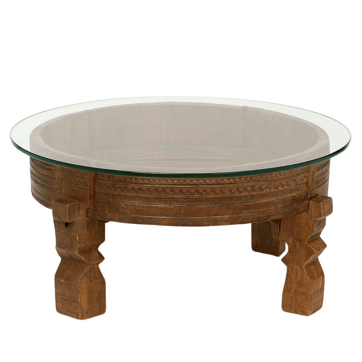 Tribal Indian 1920s Teak Chakki Grinding Table with Geometric Carved Motifs-1. Asian & Chinese Furniture, Art, Antiques, Vintage Home Décor for sale at FEA Home