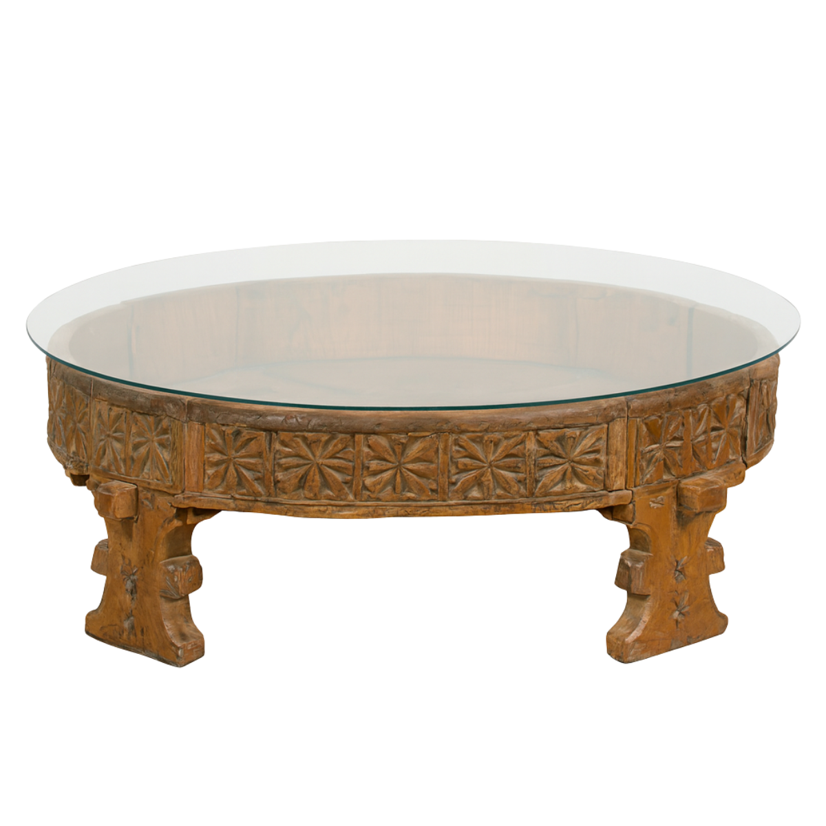 Indian Tribal 1920s Teak Chakki Grinding Table with Geometric Hand-Carved Motifs-1. Asian & Chinese Furniture, Art, Antiques, Vintage Home Décor for sale at FEA Home