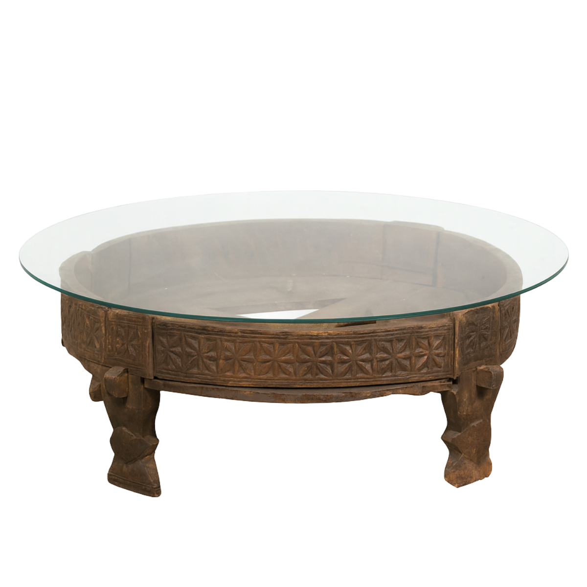 Antique Indian Chakki Grinding Table with Hand-Carved Geometric Décor-1. Asian & Chinese Furniture, Art, Antiques, Vintage Home Décor for sale at FEA Home