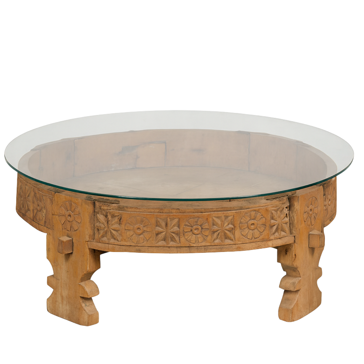 Indian 1920s Teak Chakki Grinding Table with Hand-Carved Geometric Décor-1. Asian & Chinese Furniture, Art, Antiques, Vintage Home Décor for sale at FEA Home