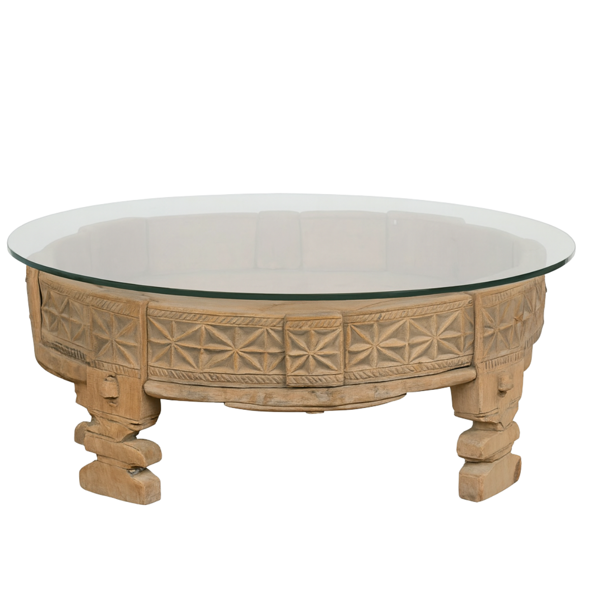 Teak 1920s Indian Chakki Grinding Table with hand carved Geometric Décor-1. Asian & Chinese Furniture, Art, Antiques, Vintage Home Décor for sale at FEA Home