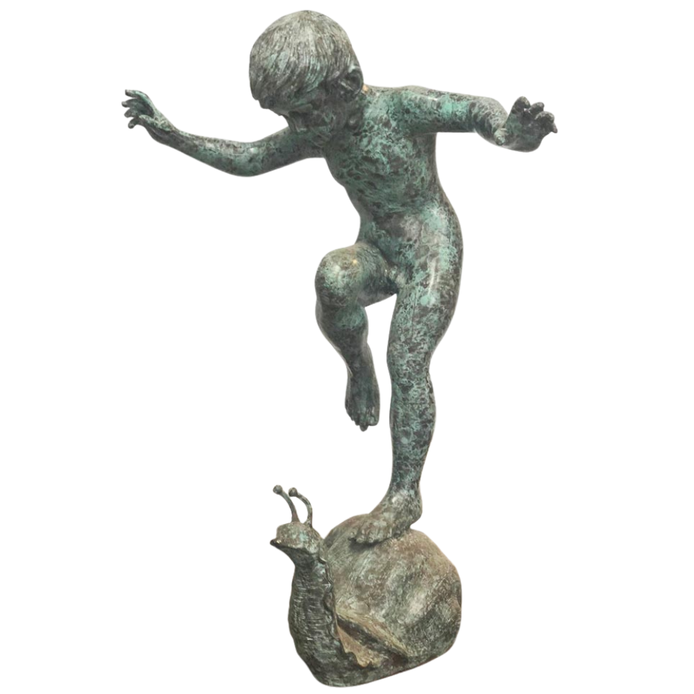 Bronze garden fountain with a child balancing on a snail, arms outstretched.