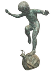 Bronze garden fountain with a child balancing on a snail, arms outstretched.