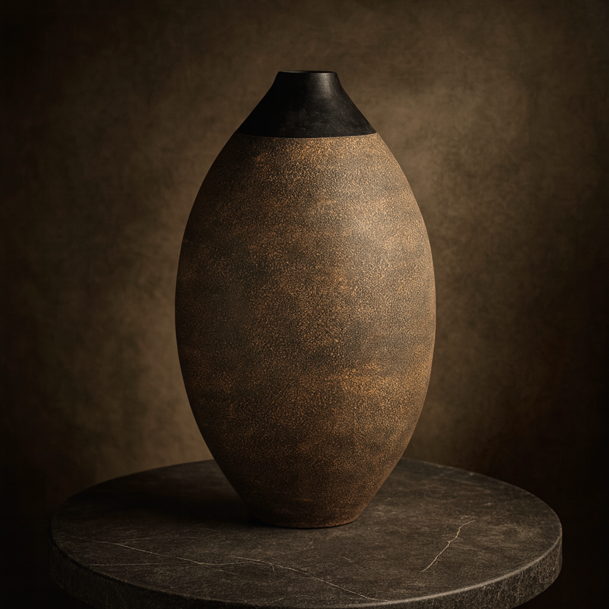 Large Artisan Ceramic Vase with Matte Black Neck and Textured Brown Body-1. Asian & Chinese Furniture, Art, Antiques, Vintage Home Décor for sale at FEA Home