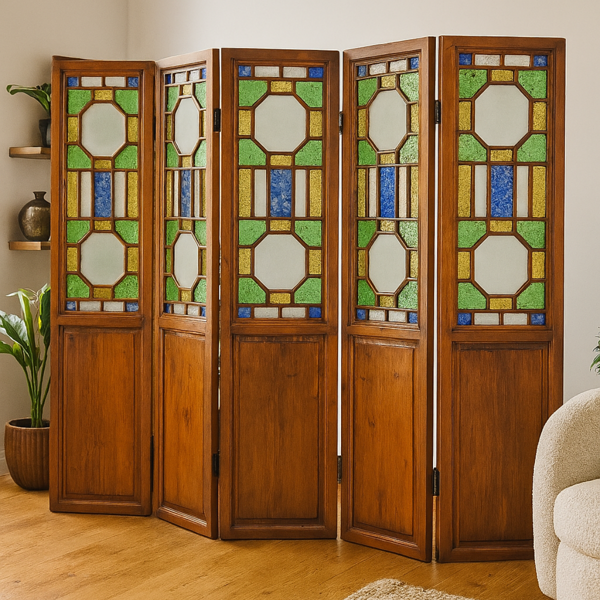 Chinese Antique Six-Panel Folding Screen with Stained Glass Geometric Motifs-1. Asian &amp; Chinese Furniture, Art, Antiques, Vintage Home Décor for sale at FEA Home