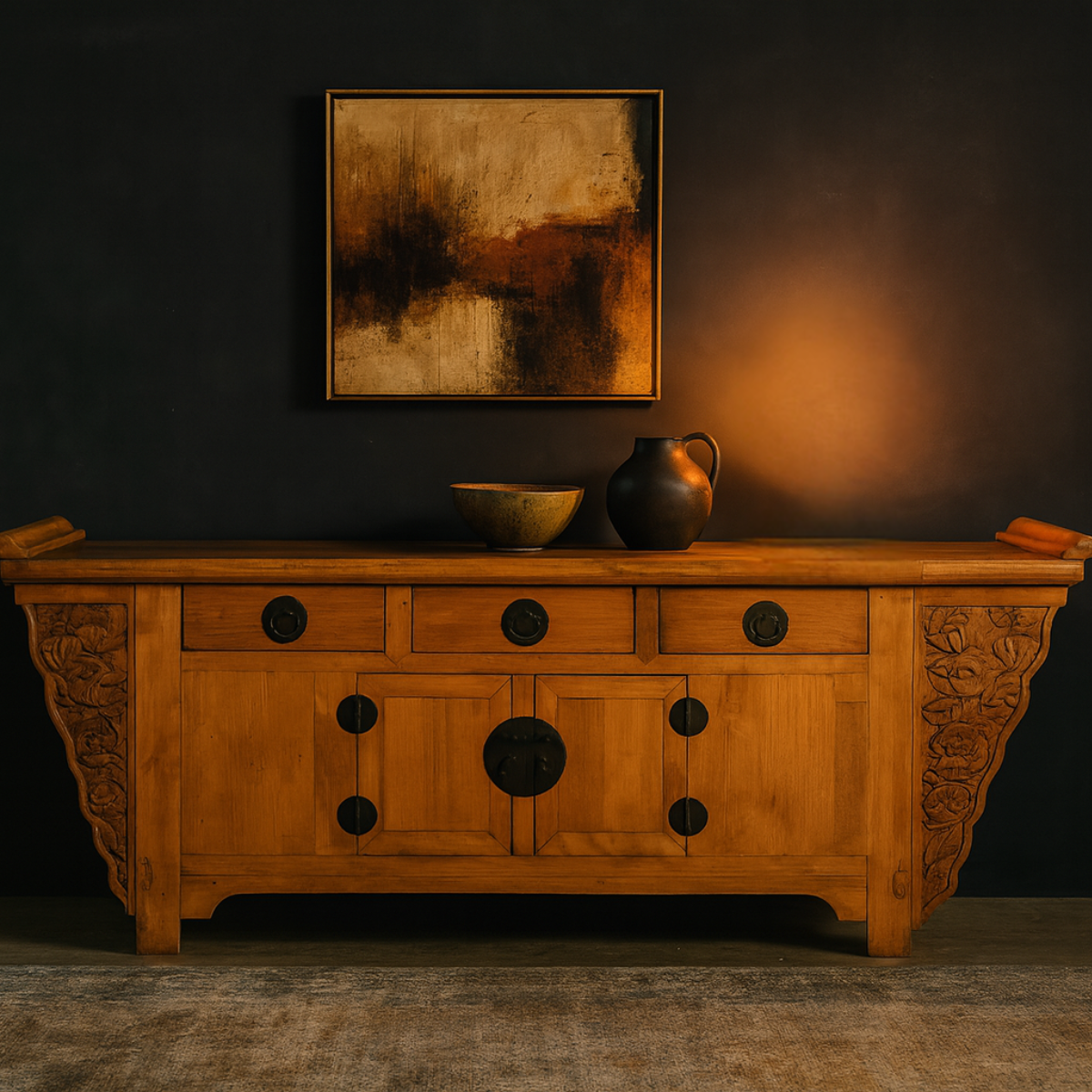 Dark wood Qing Dynasty 19th-century sideboard with large carved spandrels, topped with art, bowl, and jug against dark wall.