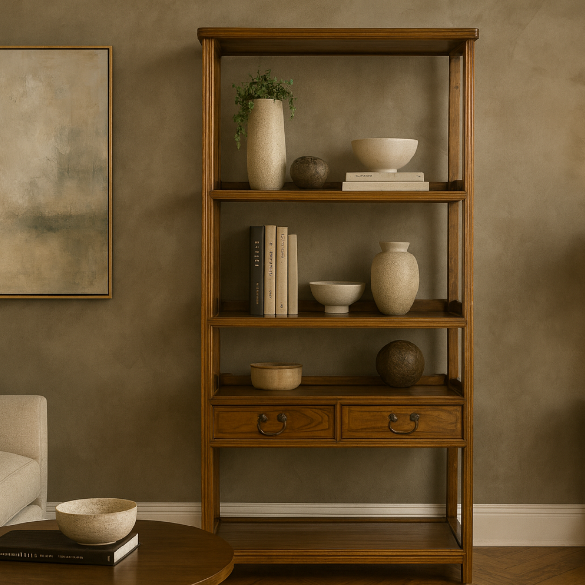 Tall wooden three-shelf bookcase with two drawers, styled with beige vases, bowls, and books beside painting and round table.