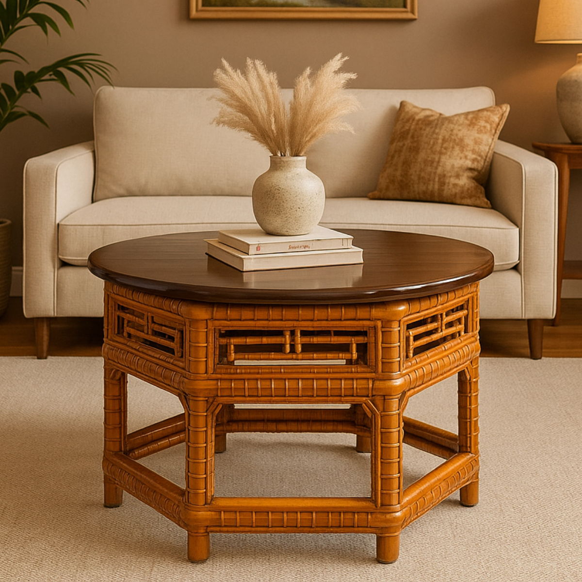 Chinese Qing Dynasty 19th Century Elm and Bamboo Coffee Table with Fretwork, SKU , image 1