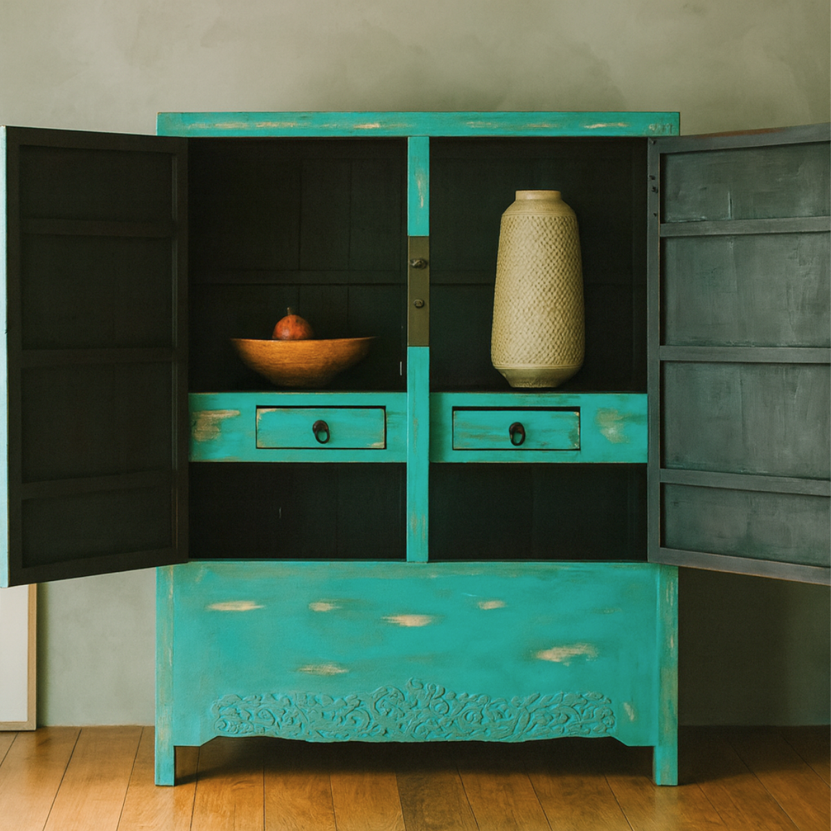 Blue green lacquered wood Qing Dynasty cabinet with carved apron, open doors, brass lock, fruit bowl and vase inside.