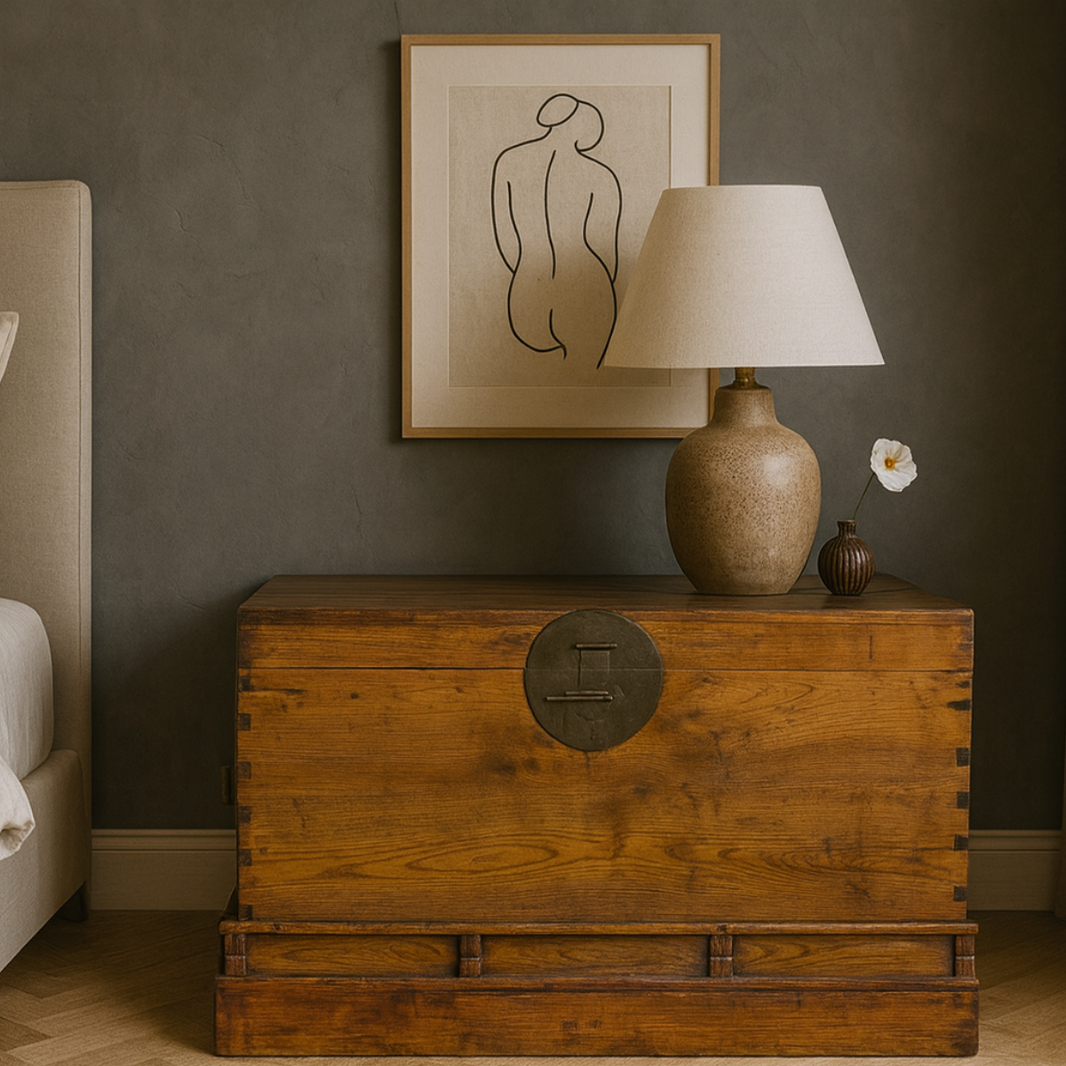 Large Late Qing Dynasty Elm Blanket Chest with Brass Hardware and Warm Patina-1. Asian & Chinese Furniture, Art, Antiques, Vintage Home Décor for sale at FEA Home