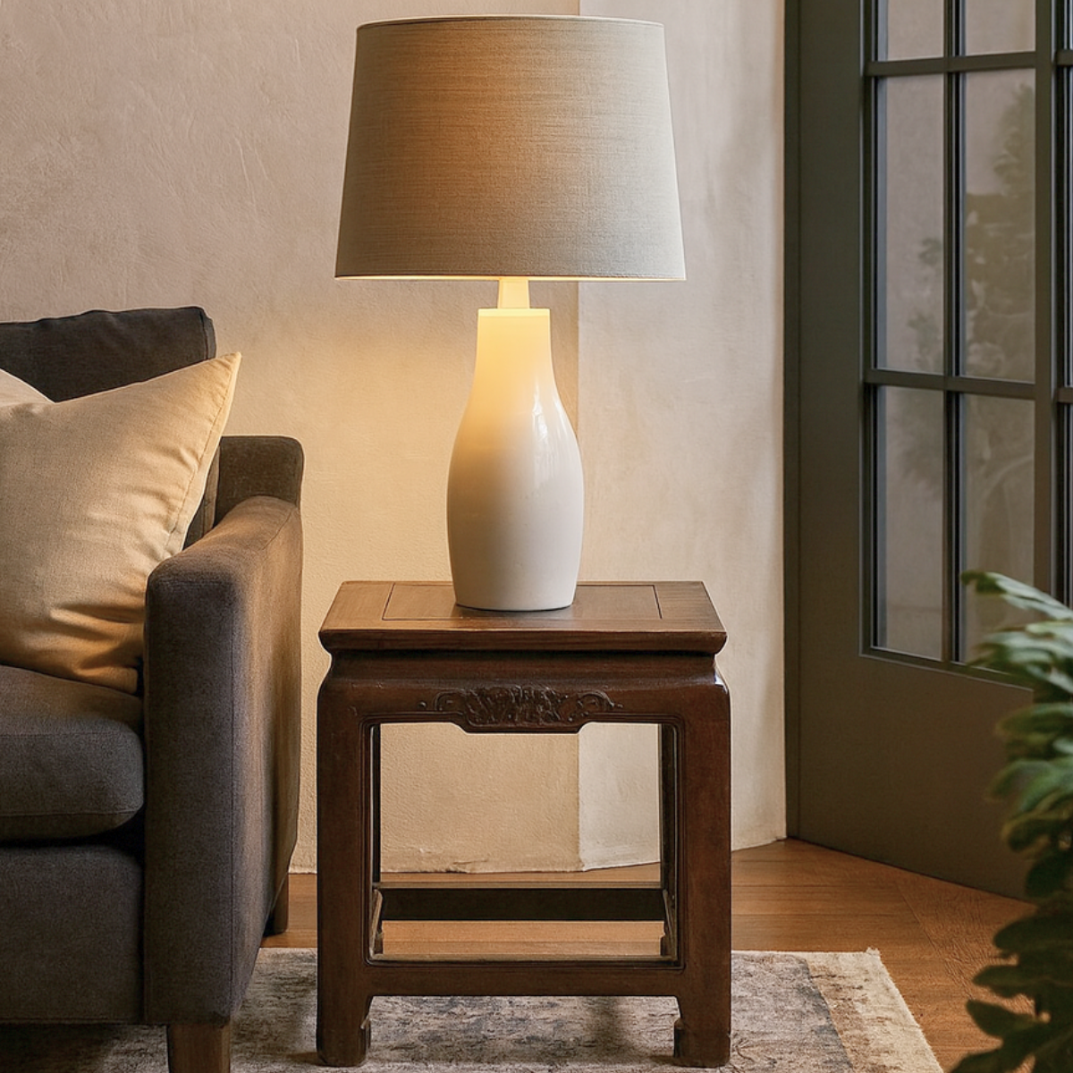 Close-up of ceramic lamp with beige shade on Qing Dynasty brown lacquer low table next to brown sofa with cream pillow.