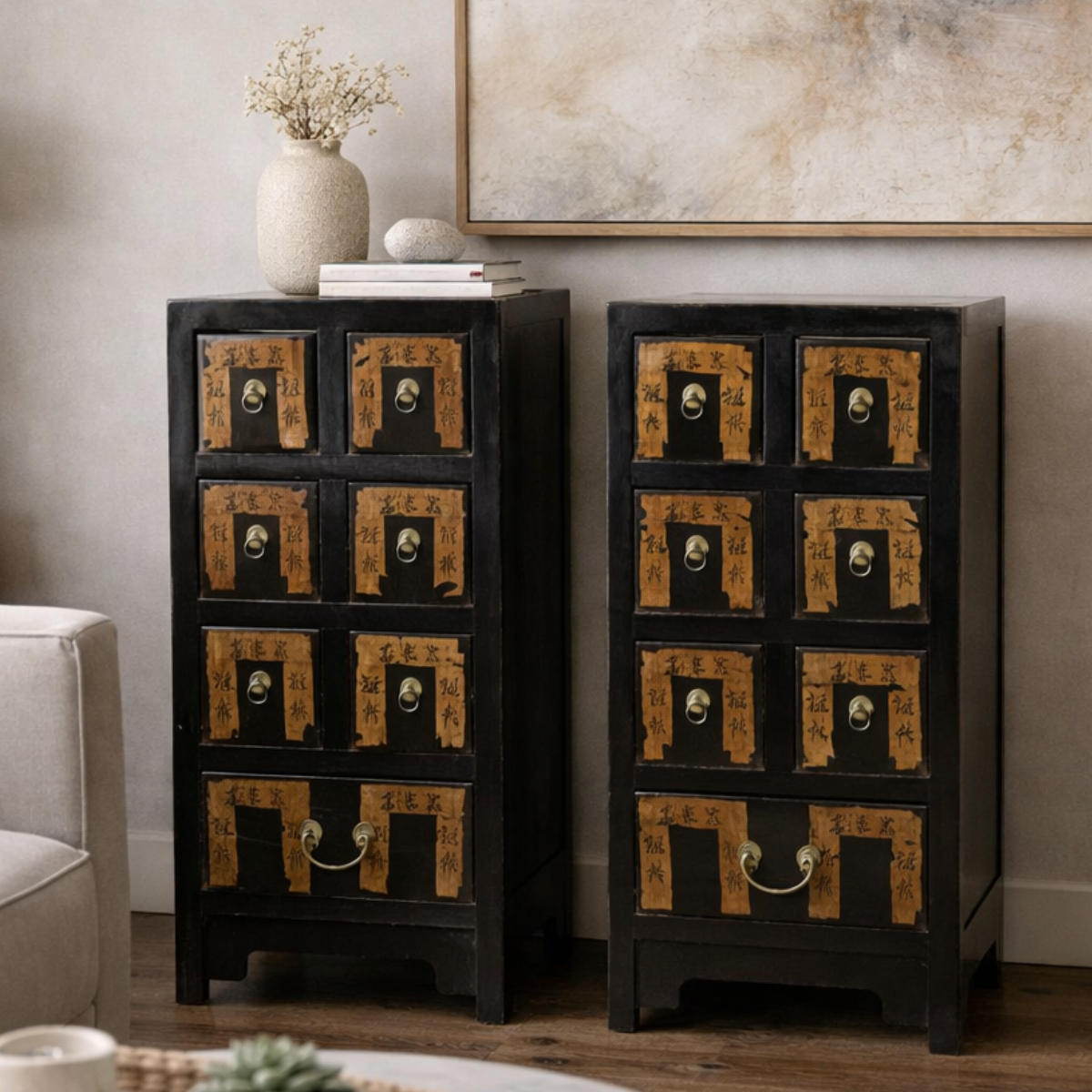 Pair of Black &amp; Brown Apothecary Side Cabinets-1. Asian &amp; Chinese Furniture, Art, Antiques, Vintage Home Décor for sale at FEA Home