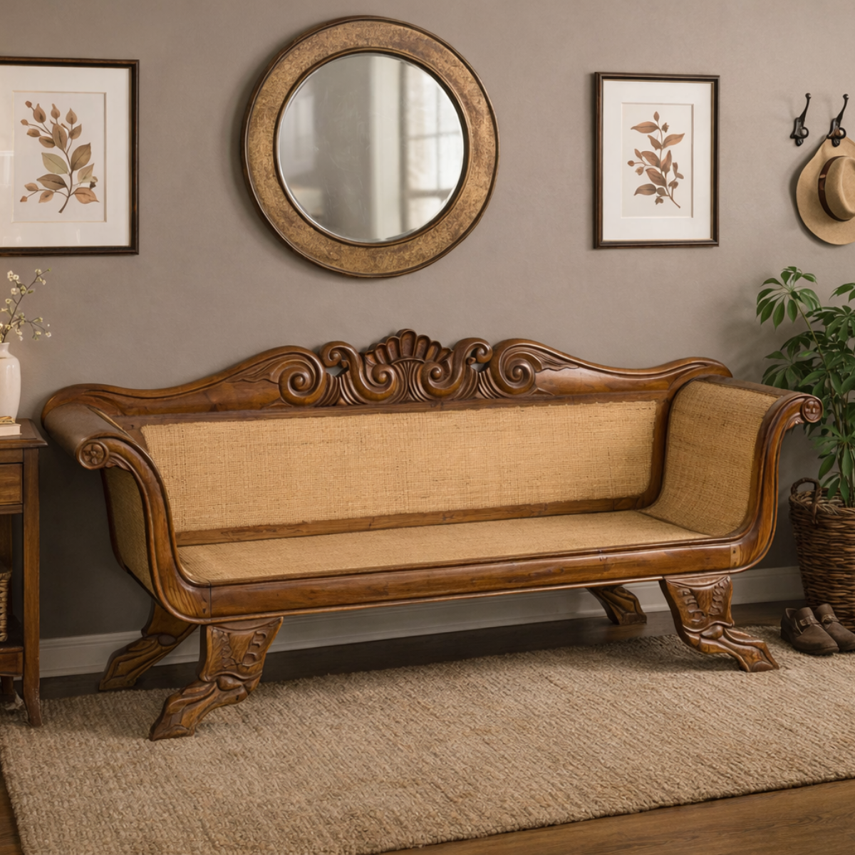 Dutch Colonial Javanese Teak Settee w/ Inset Woven Rattan, SKU , image 1