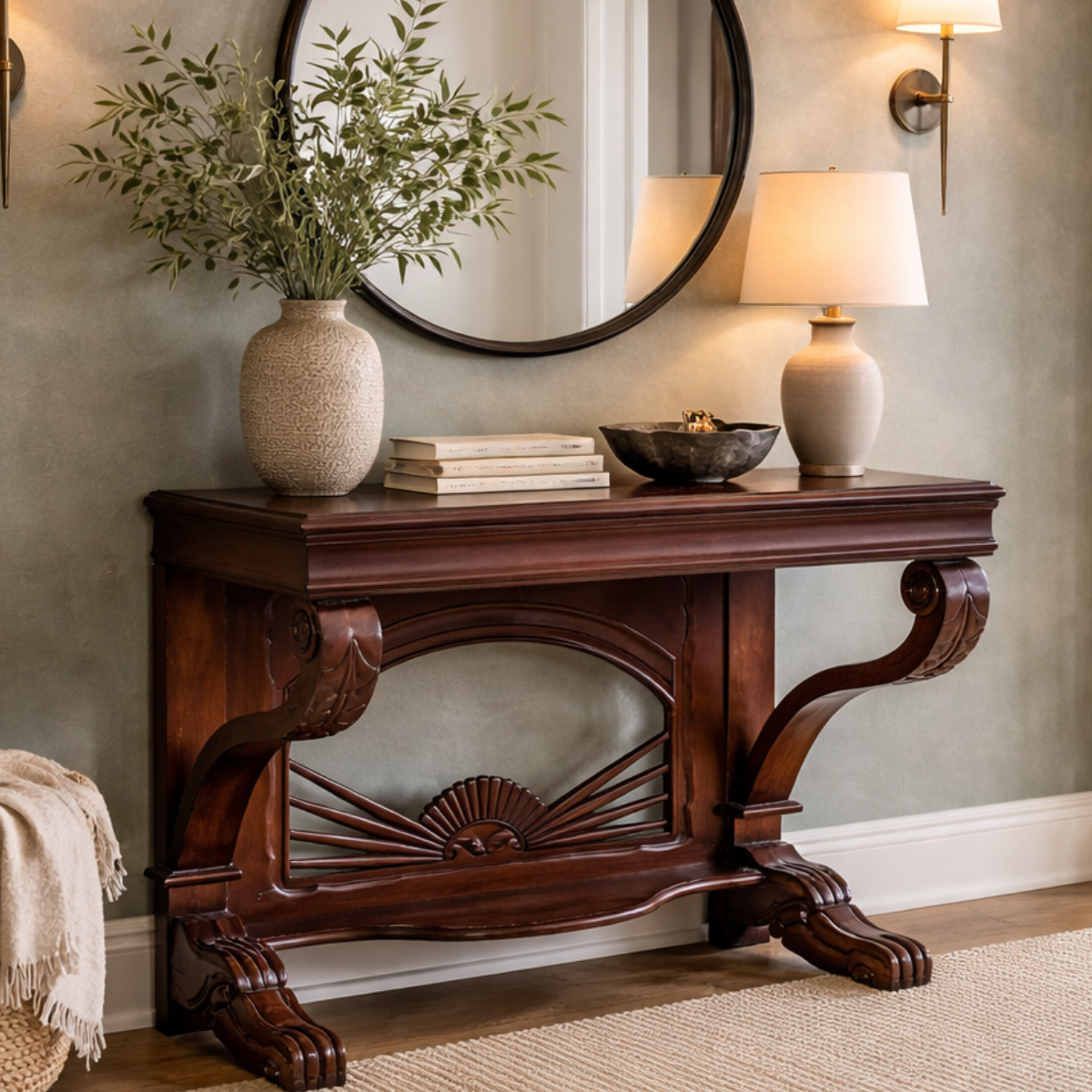 Antique Dutch Colonial Teak Pier Console Table with Carved Details and Sunburst-1. Asian &amp; Chinese Furniture, Art, Antiques, Vintage Home Décor for sale at FEA Home