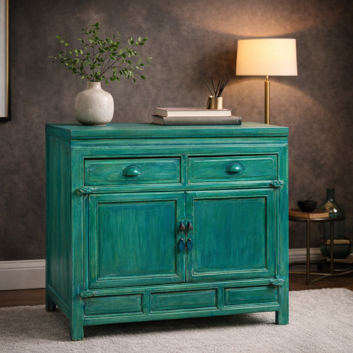Aqua Teal Side Cabinet with Two Drawers &amp; Double Doors-17. Asian &amp; Chinese Furniture, Art, Antiques, Vintage Home Décor for sale at FEA Home