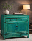 Aqua Teal Side Cabinet with Two Drawers & Double Doors-17. Asian & Chinese Furniture, Art, Antiques, Vintage Home Décor for sale at FEA Home