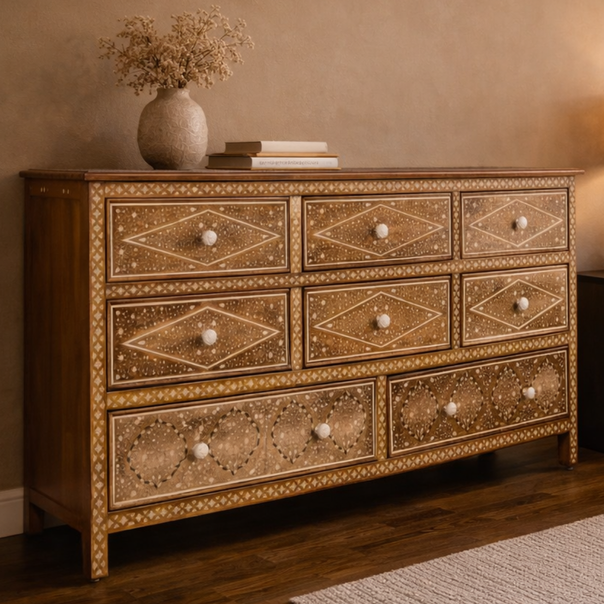 Anglo-Indian Style Mango Wood Dresser with Eight Drawers and Floral Bone Inlay