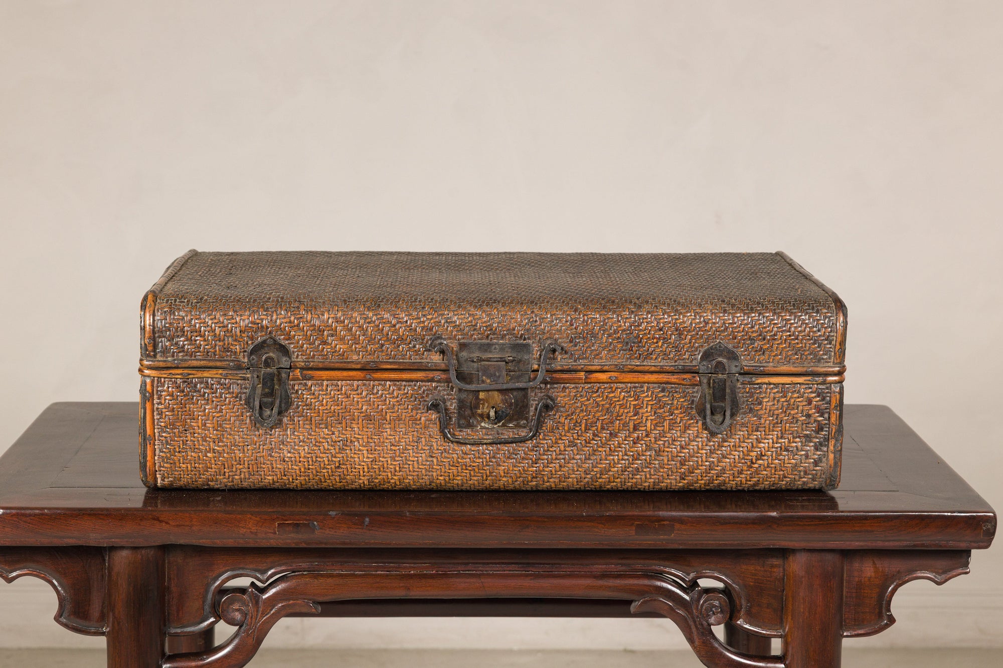 Woven rattan Chinese trunk, centered front view
