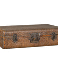 Brown woven rattan suitcase trunk with iron hardware from Late Qing Dynasty, closed on a white background.