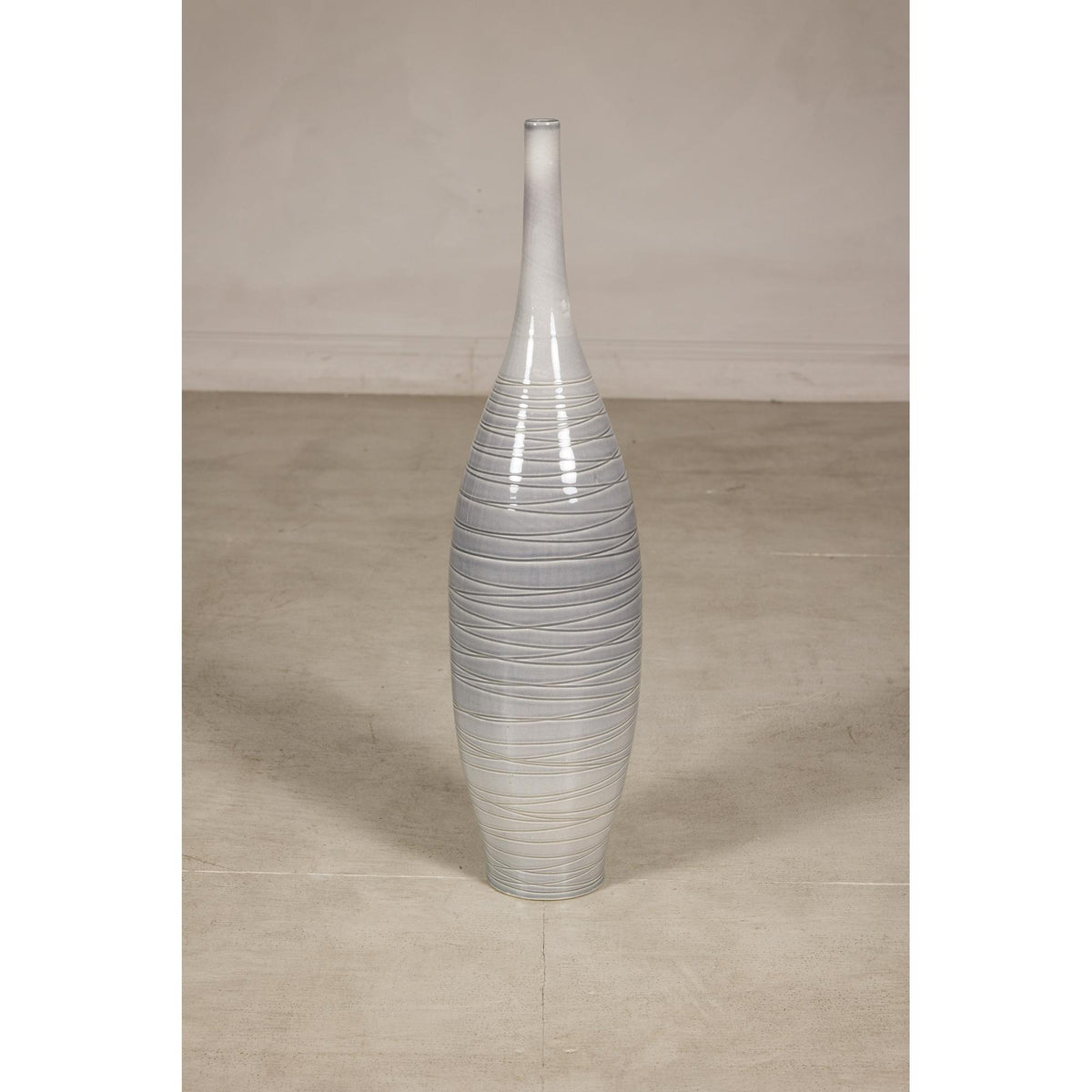 Tall Modern Gray-Glazed Ceramic Bottle Vase with Spiral Incising, construction detail