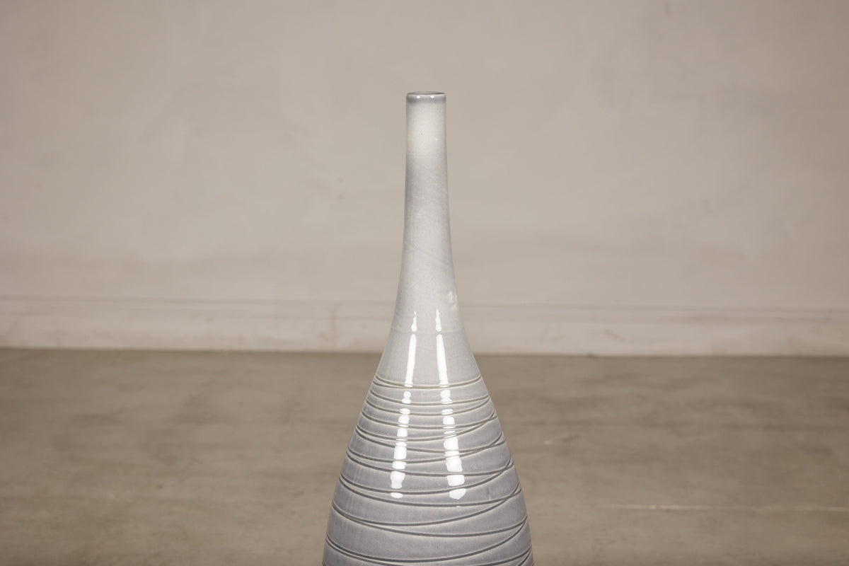 Tall Modern Gray-Glazed Ceramic Bottle Vase with Spiral Incising, reverse view