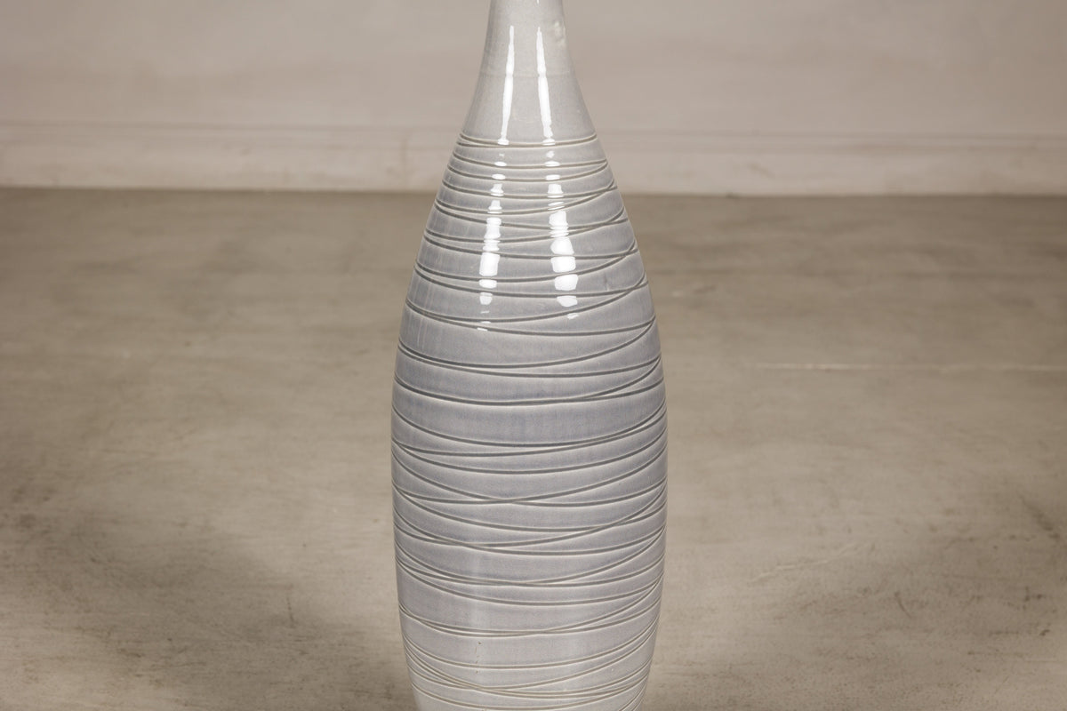 Tall Modern Gray-Glazed Ceramic Bottle Vase with Spiral Incising, close-up detail