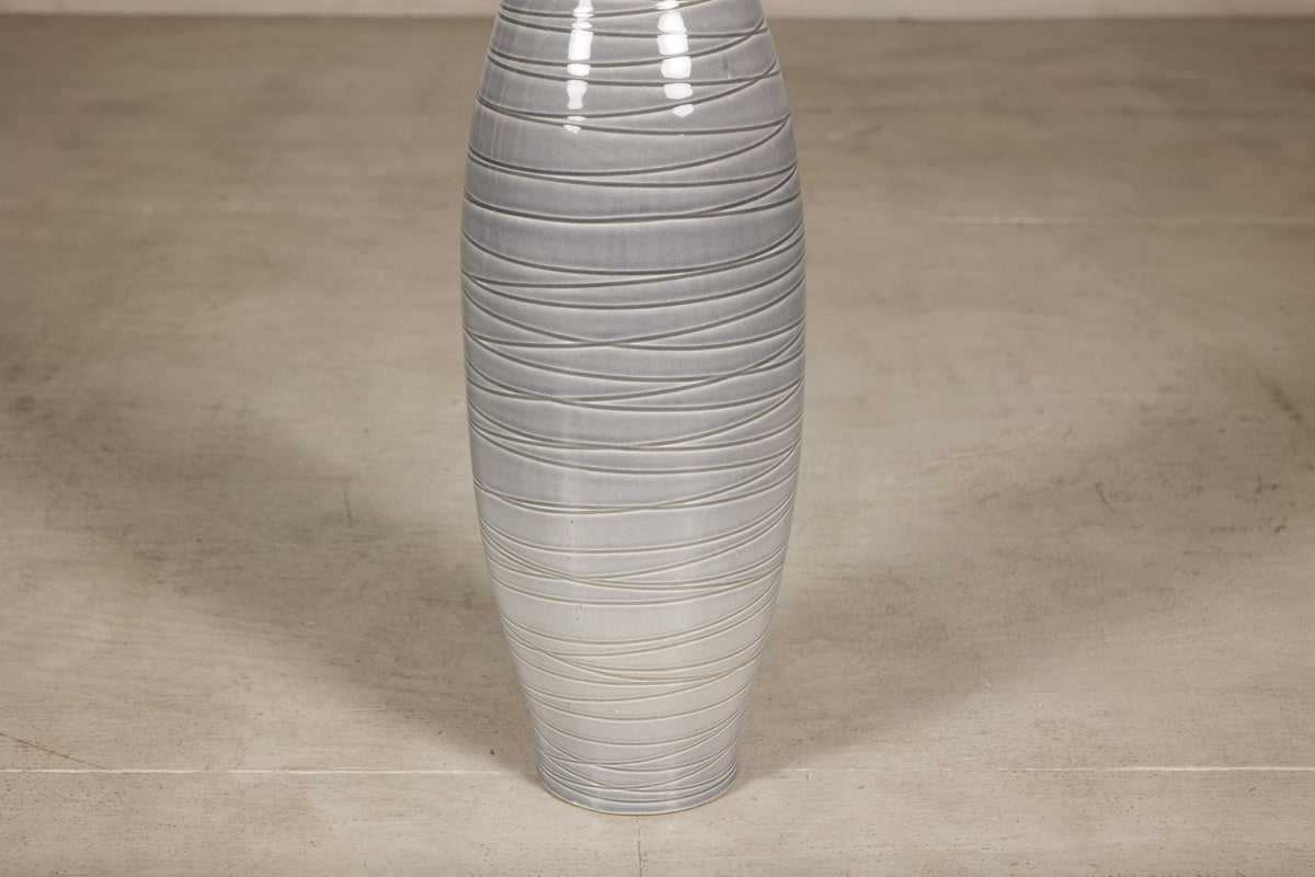 Tall Modern Gray-Glazed Ceramic Bottle Vase with Spiral Incising, base detail