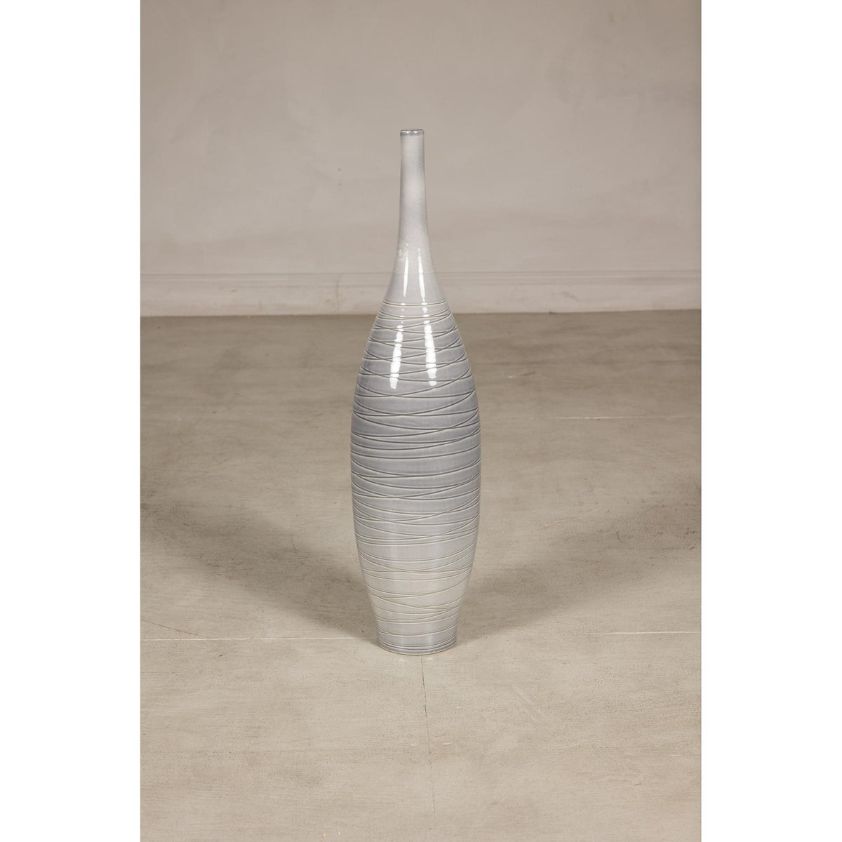 Tall Modern Gray-Glazed Ceramic Bottle Vase with Spiral Incising, top detail