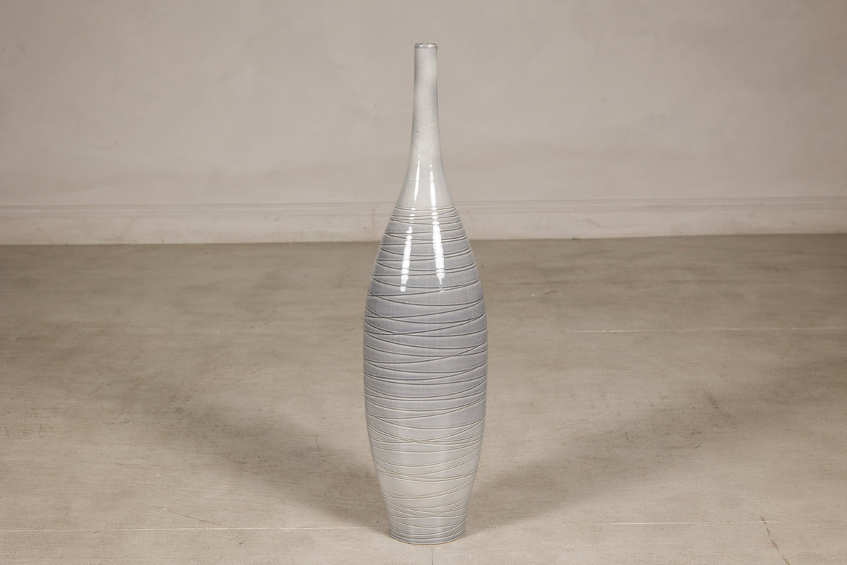 Tall Modern Gray-Glazed Ceramic Bottle Vase with Spiral Incising, additional gallery view 11