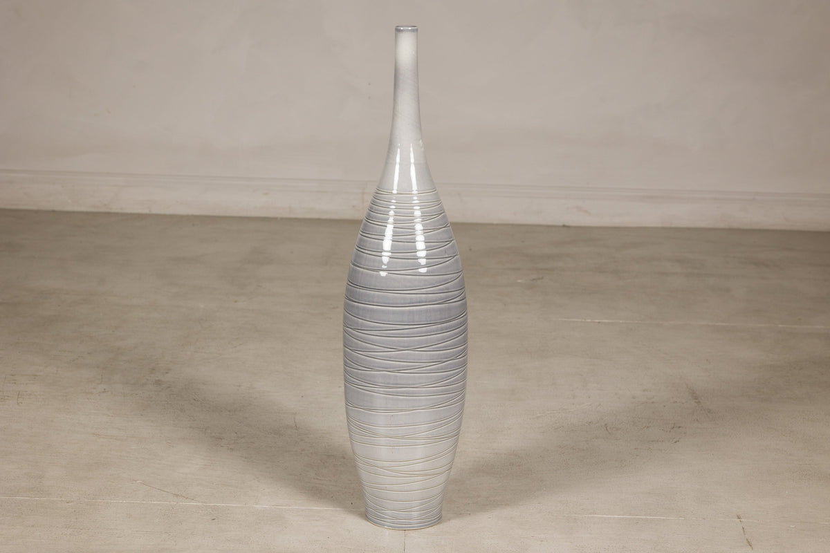 Tall Modern Gray-Glazed Ceramic Bottle Vase with Spiral Incising, additional gallery view 12