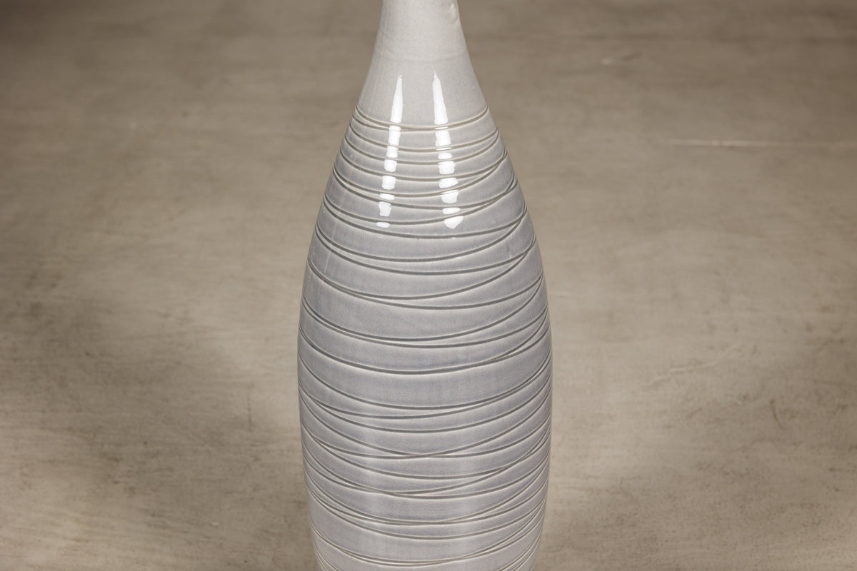 Tall Modern Gray-Glazed Ceramic Bottle Vase with Spiral Incising, additional gallery view 14