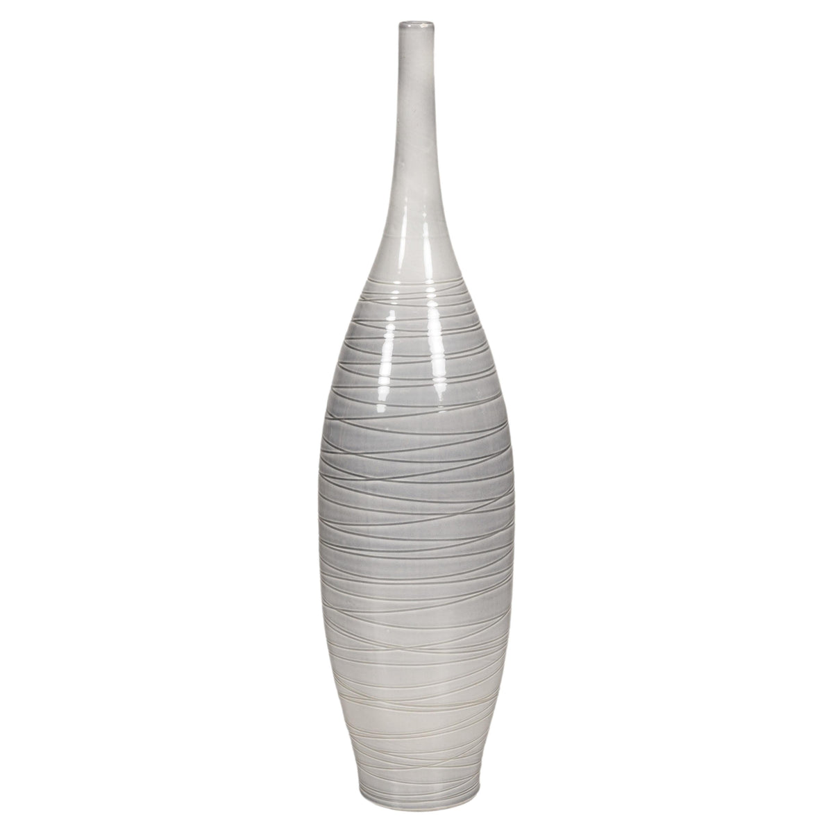 Gray glazed ceramic bottle vase with spiral incising.