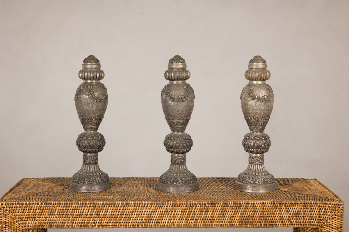 Set of Three Vintage Indian Silver-Plated Embossed Vessels, full gallery view